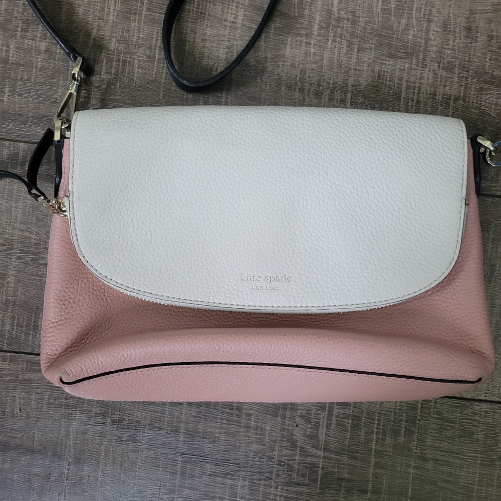 Kate Spade Polly Large Convertible Crossbody  Pink Cream Black Pebbled Leather - Picture 3 of 13